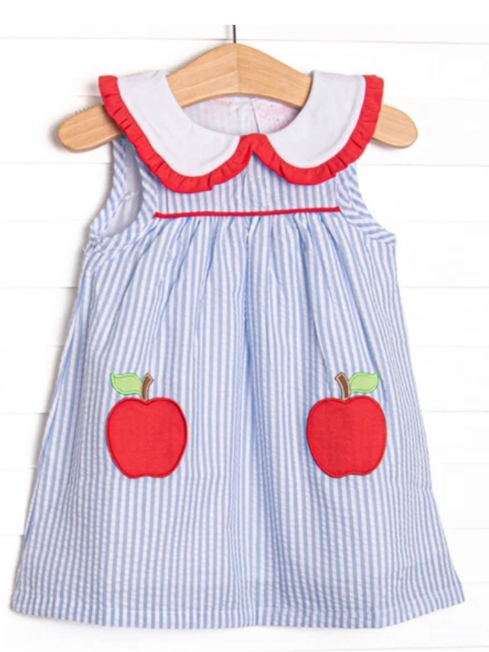 NEW! Toddler Girls Blue Seersucker Apple Appliqué Dress with Red Trim